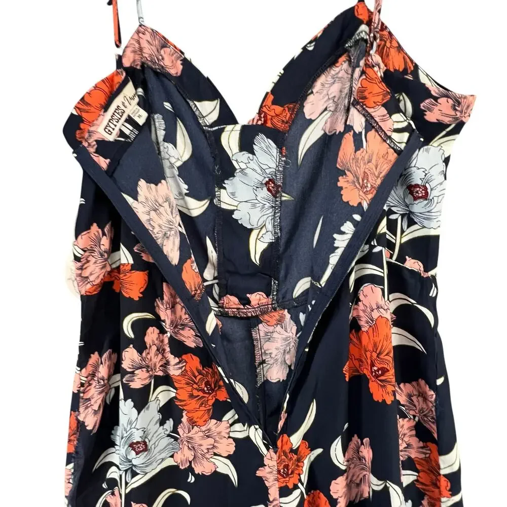 Gypsies & Moondust Jumpsuit‎ XL Navy Blue Floral Lace Up Wide Leg Tropical Boho